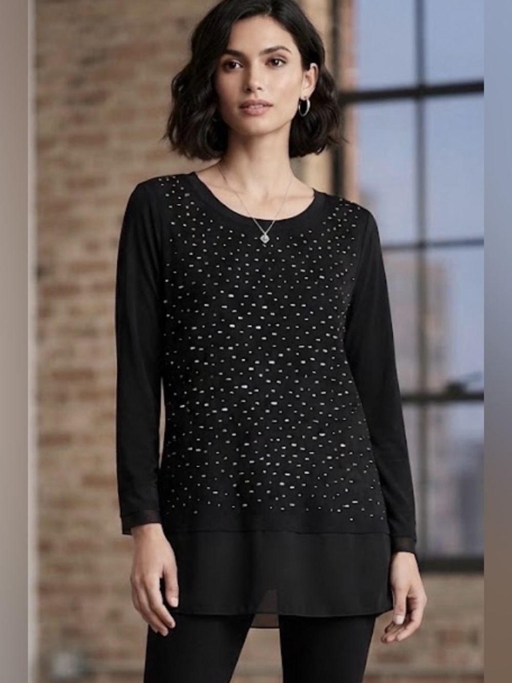 Beldini Black Embellished Rhinestone Stud Mixed Media Tunic Top - Size XL
